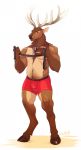  2019 anthro antlers biceps brown_eyes bulge cervid cervine chest_fur clothed clothing dragonasis elk fur hi_res horn jewelry leash looking_at_viewer male mammal musclegut muscular muscular_male necklace pubes quads simple_background solo standing underwear 