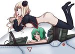 aircraft airplane ass black_legwear blonde_hair blue_nails bottomless breast_press breasts green_hair large_breasts lying macross macross_frontier md5_mismatch multiple_girls nail_polish nude on_stomach ranka_lee sheryl_nome takeich_okome thighhighs 