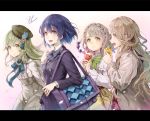  1boy 3girls :d alice_(sinoalice) bag bangs black_bow blue_neckwear blue_ribbon blush bow braid breasts briar_rose_(sinoalice) brown_eyes brown_hair brown_hat capelet closed_mouth coat collared_shirt commentary_request crown_braid eyebrows_visible_through_hair eyes_visible_through_hair floating_hair food frilled_capelet frills gradient gradient_background green_bow green_eyes green_hair grey_skirt hair_between_eyes hair_bow hair_ornament hand_up hands_up hat high-waist_skirt highres holding holding_food hoshizaki_reita ice_cream ice_cream_cone jacket leaning_forward letterboxed little_red_riding_hood_(sinoalice) long_hair long_sleeves looking_at_viewer medium_breasts multicolored_hair multiple_boys multiple_girls neck_ribbon open_mouth otoko_no_ko petals pink_background pink_hair pinocchio_(sinoalice) plaid plaid_skirt pleated_skirt profile purple_bow purple_hair purple_jacket ribbon shirt short_hair signature sinoalice skirt smile upper_teeth very_long_hair white_capelet white_shirt wide_sleeves wing_collar yellow_eyes yellow_skirt 