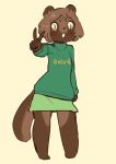  2019 5_fingers anthro barefoot biped bottomwear brown_body brown_ears brown_fur brown_hair brown_nose brown_tail canid canine clothed clothing digital_media_(artwork) female fingers full-length_portrait fully_clothed fur gesture hair hi_res long_tail mammal multicolored_body multicolored_fur portrait raccoon_dog scorci short_hair simple_background skirt smile solo sweater tanuki text topwear two_tone_body two_tone_fur two_tone_tail v_sign white_background yellow_eyes 