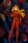  1girl blue_eyes bodysuit breasts commentary english_commentary eva_02 evangelion:_3.0_you_can_(not)_redo eyepatch from_below hairpods hand_in_pocket highres jacket long_hair looking_at_viewer looking_down manda_schank mecha neon_genesis_evangelion off-shoulder_jacket one-eyed open_clothes open_jacket orange_hair pilot_suit plugsuit rebuild_of_evangelion red_bodysuit shikinami_asuka_langley small_breasts souryuu_asuka_langley track_jacket 