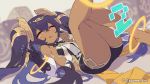  1girl anklet ass barefoot black_gloves black_hair blurry blurry_background blurry_foreground breasts bright_pupils dark_skin depth_of_field earrings gloves hair_ornament jewelry long_hair lying official_art orange_eyes short_shorts shorts small_breasts solo twintails v very_long_hair world_flipper 