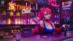  1girl alcohol bartender bottle breasts cameo choker cleavage collar commentary commission dante_(devil_may_cry) devil_may_cry_5 drink english_commentary glass head_tilt jacket lips long_hair looking_at_viewer manda_schank mascot medium_breasts money neon_lights nose off-shoulder_jacket red_eyes red_hair red_jacket solo strippin track_jacket twintails twitch.tv vrchat whiskey 