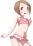  1girl :o bikini brown_hair digimon flat_chest frilled_bikini_bottom hair_ornament hairclip hand_up highres looking_at_viewer navel pink_bikini short_hair simple_background solo standing swimsuit white_background yagami_hikari yuh_koume 