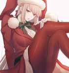  1girl artist_name artist_request bow braid breasts commentary_request dress fate/grand_order fate_(series) florence_nightingale_(fate/grand_order) florence_nightingale_santa_(fate/grand_order) french_braid gloves green_bow hair_between_eyes hair_bow hat highres large_breasts lips long_hair looking_at_viewer multicolored_bow open_mouth pantyhose parted_lips pink_hair red_bow red_dress red_eyes red_legwear santa_costume santa_hat shirt simple_background sitting solo very_long_hair white_gloves white_shirt 