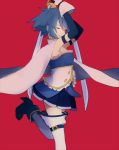  1girl ankle_boots armpits arms_up belt blue_footwear blue_hair blue_skirt boots breasts cape closed_eyes closed_mouth commentary detached_sleeves dot_nose english_commentary floating_hair frills gloves hair_between_eyes happy holding holding_sword holding_weapon leg_up light_smile mahou_shoujo_madoka_magica medium_breasts miki_sayaka pararade pleated_skirt red_background shadow short_hair sideboob sidelocks simple_background skirt smile solo standing standing_on_one_leg strapless sword thighhighs weapon white_cape white_gloves white_legwear zettai_ryouiki 