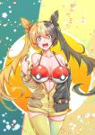  1girl :d black_hair blonde_hair breasts cigar_cat cleavage green_eyes hair_between_eyes hair_bobbles hair_ornament highres jacket large_breasts long_sleeves looking_at_viewer morpeko multicolored_hair open_mouth personification poke_ball pokemon smile solo standing thighhighs twintails two-tone_hair yellow_legwear zipper 