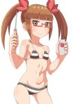  1girl bangs bikini blunt_bangs brown_eyes brown_hair glasses highres idolmaster idolmaster_cinderella_girls ikebukuro_akiha navel red-framed_eyewear screwdriver smile solo standing striped striped_bikini swimsuit twintails yuh_koume 