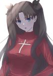  1girl absurdres black_hair blue_eyes fate/hollow_ataraxia fate/stay_night fate_(series) highres kujuu_shikuro red_sweater sweater toosaka_rin twintails 