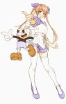  1girl blue_footwear blue_shorts bow brown_eyes brown_hair cuphead_(game) gloves hair_bow highres long_hair minoru69132859 mugman omega_rio omega_sisters pointing pointing_at_viewer shoes shorts simple_background smile standing thighhighs twintails white_gloves white_legwear 