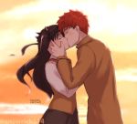  1boy 1girl black_hair emiya_shirou fate/hollow_ataraxia fate/stay_night fate_(series) highres homurahara_academy_uniform kiss kiss_day red_hair school_uniform smile toosaka_rin twintails yukako_(toyoyuki) 