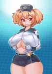  1girl absurdres blush breasts cerberus_(last_origin) cleavage curvy frown hat highres huge_breasts last_origin looking_at_viewer mole mole_under_eye mu_inochi orange_hair red_eyes short_shorts shorts solo sweat thick_thighs thighs twintails wavy_mouth wide_hips 