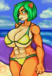  2019 abs absurd_res activision ami_bandicoot anthro bandicoot big_breasts bikini black_nose breasts cleavage clothed clothing crash_bandicoot_(series) dirtrossrisen eyelashes eyeshadow female green_eyes green_hair hair hi_res holding_object huge_breasts makeup mammal marsupial muscular muscular_female navel outside sea sky solo standing surfboard swimwear video_games water 