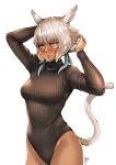  1girl absurdres animal_ears arms_up artist_name bangs blush breasts cat_ears cat_girl cat_tail closed_mouth commentary_request dark_skin facial_mark final_fantasy final_fantasy_xiv haimerejzero hair_ribbon highleg highleg_leotard highres leotard lips long_sleeves medium_breasts miqo&#039;te ribbon shiny shiny_hair short_hair signature silver_hair simple_background sweater tail thighs turtleneck white_background y&#039;shtola_rhul 