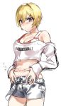 1girl blonde_hair breasts character_request cleavage copyright_request crop_top hamita1220 heart highres medium_breasts navel purple_eyes short_hair shorts sketch solo white_background 