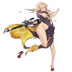  1girl amy_razor blonde_hair breasts dress earrings full_body gun handgun high_heels highres jewelry large_breasts last_origin lipstick long_dress long_hair looking_at_viewer makeup nail_polish navel nipple_slip nipples official_art pistol purple_eyes red_nails rifle side_slit solo tachi-e thighs torn_clothes transparent_background turtleneck_dress weapon wide_hips 