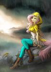  2018 absurd_res anthro boots bottomwear breasts clothed clothing coat detailed_background equid equine eyes_closed female fidzfox fluttershy_(mlp) footwear friendship_is_magic hair hi_res horse legwear long_hair mammal my_little_pony outside pink_hair raincoat raining rock sitting skirt solo stockings topwear wet 