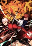  archer emiya_kiritsugu emiya_shirou fate/stay_night fate_(series) gae_bolg grey_eyes highres red_hair sword takashi_(onikukku) unlimited_blade_works weapon white_hair yellow_eyes 