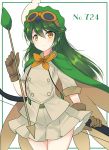  1girl arrow bow bow_(weapon) brown_gloves cape decidueye gloves goggles goggles_on_head green_cape green_hair hair_between_eyes highres holding_arrow ougi_hina personification pokemon pokemon_number simple_background skirt solo standing weapon white_background white_skirt yellow_eyes 