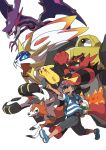  1boy absurdres baseball_cap blue_footwear capri_pants carrying_under_arm drooling gen_1_pokemon gen_7_pokemon green_eyes grey_pants hat highres holding holding_pokemon incineroar lycanroc male_focus melmetal naganadel oomura_yuusuke open_mouth pants pikachu pointing pokemon pokemon_(anime) pokemon_(creature) pokemon_sm_(anime) red_headwear rowlet running satoshi_(pokemon) shirt shoes simple_background sleeping sneakers solgaleo striped striped_shirt ultra_beast white_background 