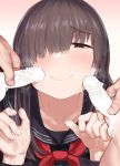  1girl bangs black_serafuku blush brown_hair bukkake cheek_poking cum erection freckles hair_over_one_eye jimiko multiple_penises original penis penis_on_face poking reinoenu_(anon) school_uniform serafuku smegma smelling_penis smile upper_body 