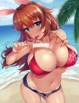  1girl :p animal_ears bangs beach bikini_top blue_eyes blue_sky breasts brown_hair bunny_ears charlotte_e_yeager cleavage closed_mouth cloud cloudy_sky collarbone commentary contrapposto covered_nipples day denim denim_shorts eyebrows_visible_through_hair food food_on_breasts hair_between_eyes hand_on_own_chest head_tilt highres holding holding_food horizon huge_breasts licking long_hair looking_at_viewer messy micro_shorts midriff nail_polish navel nksk ocean open_fly outdoors palm_tree pink_nails popsicle red_bikini_top shiny shiny_hair shorts skindentation sky smile solo standing star strap_gap strike_witches string_bikini tongue tongue_out tree unbuttoned water world_witches_series 