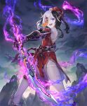  1girl :d artist_request bandages bare_shoulders black_hair detached_sleeves fighting_jiangshi gauntlets gem hat jiangshi looking_at_viewer mountain multicolored_hair naginata official_art ofuda open_mouth polearm purple_eyes shadowverse smile solo two-tone_hair undead upper_teeth weapon white_hair white_skin 