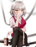  1girl :o ahoge alternate_costume black_legwear black_ribbon black_skirt blurry blush breasts buttons chin_rest cleavage coffee collared_shirt crossed_legs drinking_straw fate/grand_order fate_(series) hair_ornament jeanne_d&#039;arc_(alter)_(fate) jeanne_d&#039;arc_(fate)_(all) medium_breasts miniskirt naomi_(fantasia) open_mouth pleated_skirt red_sweater ribbon school_uniform shirt short_hair short_sleeves sidelocks signature silver_hair sitting skirt solo sweater sweater_vest thighhighs v-shaped_eyebrows white_background white_shirt x_hair_ornament yellow_eyes 