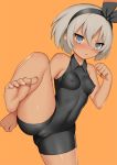  1girl bare_shoulders barefoot black_bodysuit bodysuit cameltoe dark_skin eyebrows_visible_through_hair grey_eyes grey_hair gym_leader hair_between_eyes hair_ornament hairband impossible_clothes leg_up looking_at_viewer navel nipples open_mouth orange_background pokemon pokemon_(game) pokemon_swsh saitou_(pokemon) short_hair simple_background solo tan toes toshishikisai 