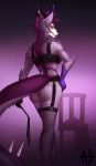  2019 andyd anthro butt canid canine clothed clothing digital_media_(artwork) female fur hi_res mammal purple_body purple_fur solo standing 