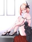  1girl :d alternate_costume azur_lane bangs bare_shoulders black_dress black_footwear blonde_hair blush breasts brown_eyes cleavage collarbone dress earrings eyebrows_visible_through_hair hair_between_eyes hair_ornament high_heels highres jewelry large_breasts looking_at_viewer multicolored_hair open_mouth red_hair roon_(azur_lane) roon_(dark_red_grin)_(azur_lane) short_hair skindentation smile streaked_hair thigh_strap zubi_(skylinezb) 