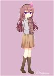  1girl alpha_signature alternate_costume boots brown_hair casual diadem full_body kantai_collection kisaragi_(kantai_collection) knee_boots long_hair nagasioo pink_background plaid plaid_scarf pleated_skirt purple_eyes scarf skirt smile solo standing sweater twitter_username 