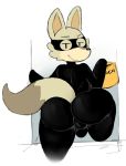  2018 anthro balls_outline big_butt black_eyes black_nose bulge butt canid canine cheek_tuft dipstick_tail elchilenito eye_mask eyebrows facebook facebook_fox facebook_stickers facial_tuft fox fur looking_at_viewer looking_back male mammal mask multicolored_tail penis_outline raised_eyebrow rear_view rubber simple_background smile smirk solo standing stealing thick_thighs thief tuft white_background 