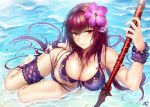 1girl bangs bare_shoulders bikini breasts cleavage collarbone fate/grand_order fate_(series) flower gae_bolg hair_between_eyes hair_flower hair_ornament hand_on_hip highres hip_focus large_breasts leg_garter long_hair looking_at_viewer lying nail_polish okitakung on_side parted_lips pink_lips polearm purple_bikini purple_hair purple_nails red_eyes scathach_(fate)_(all) scathach_(swimsuit_assassin)_(fate) side-tie_bikini smile solo swimsuit thighs weapon wet wrist_cuffs 