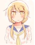  1girl bangs blonde_hair blue_sailor_collar blush commentary_request eyebrows_visible_through_hair ichii_yui long_hair looking_at_viewer low_twintails open_mouth sailor_collar school_uniform school_uniform_(yuyushiki) serafuku simple_background sketch smile solo tatsunokosso twintails upper_body white_background yellow_eyes yellow_neckwear yuyushiki 