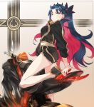  1girl absurdres alternate_costume bangs black_bow black_footwear black_hair black_jacket black_shorts bow breasts closed_mouth contemporary fate/grand_order fate_(series) grey_eyes ground_vehicle hair_bow highres horns ishtar_(fate/grand_order) jacket legs long_hair long_sleeves looking_at_viewer medium_breasts motor_vehicle motorcycle multicolored_hair ohland parted_bangs red_hair shorts solo space_ishtar_(fate) thighs two-tone_hair two_side_up 
