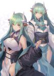  1girl aqua_hair aqua_kimono bikini bow breasts dragon_girl dragon_horns dress fate/grand_order fate_(series) hair_ornament horns japanese_clothes kimono kiyohime_(fate/grand_order) long_hair medium_breasts multiple_horns navel obi oukawa_yuu sash shirt sleeveless sleeveless_dress sleeveless_shirt smile swimsuit thighhighs yellow_bikini yellow_bow yellow_eyes 