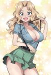  1girl :d aqua_eyes bangs blonde_hair blue_shirt breasts cleavage collared_shirt contrapposto cowboy_shot eyebrows_visible_through_hair girls_und_panzer green_skirt highres kay_(girls_und_panzer) large_breasts long_hair miniskirt nakahira_guy no_bra open_mouth parted_bangs shirt skirt smile solo suspenders thighs wavy_hair yellow_background 
