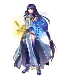  1girl alondite altina ankle_boots arm_guards bangs blue_eyes blue_footwear blue_hair boots breasts closed_mouth dress fingerless_gloves fire_emblem fire_emblem:_radiant_dawn fire_emblem_heroes full_body gloves glowing glowing_weapon highres kita_senri long_hair looking_at_viewer medium_breasts official_art parted_bangs pelvic_curtain ragnell sheath shoulder_armor shoulder_pads sleeveless sleeveless_dress standing sword thighhighs tied_hair transparent_background turtleneck very_long_hair weapon 