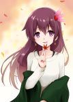  1girl alternate_costume autumn_leaves blush earrings eyebrows_visible_through_hair gradient gradient_background hair_between_eyes hair_ornament highres jewelry kantai_collection kisaragi_(kantai_collection) kodama_(user_rnfr3534) leaf long_hair long_sleeves looking_at_viewer maple_leaf open_mouth purple_eyes purple_hair ribbon smile solo sweater white_sweater 