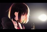  1girl bang_dream! bangs black_choker black_hair black_jacket blonde_hair blurry blurry_background choker collarbone commentary depth_of_field english_commentary eyebrows_visible_through_hair hair_between_eyes highres hood hood_down hooded_jacket jacket letterboxed looking_away mitake_ran parted_lips profile red_eyes solo the_cold twitter_username upper_body 