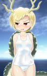  blonde_hair brown_eyes dragon_horns dragon_tail embarrassed eyebrows_visible_through_hair horns kicchou_yachie open_mouth school_swimsuit swimsuit tail touhou turtle_shell white_swimsuit winn 