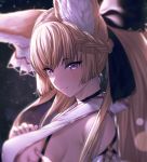  1girl animal_ear_fluff animal_ears bangs bare_shoulders black_bow black_choker blonde_hair blurry bow braid breasts choker commentary_request depth_of_field eyebrows_visible_through_hair fox_ears french_braid granblue_fantasy hair_bow ibuki_notsu large_breasts long_hair looking_at_viewer purple_eyes smile solo upper_body yuisis_(granblue_fantasy) 