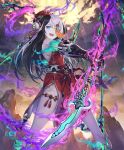  1girl :d artist_request bandages bare_shoulders black_hair detached_sleeves fighting_jiangshi gauntlets gem hat jiangshi long_hair looking_at_viewer mountain multicolored_hair naginata official_art ofuda open_mouth polearm purple_eyes shadowverse smile solo thighlet two-tone_hair undead upper_teeth weapon white_hair white_skin 
