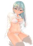  1girl aqua_hair bangs blue_eyes blush bra breasts cleavage collared_shirt commentary eyebrows_visible_through_hair hair_ornament hairclip highres kantai_collection large_breasts long_hair looking_at_viewer navel panties parted_lips shirt shirt_lift sidelocks simple_background smile solo stomach suzuya_(kantai_collection) thighhighs ume_(plumblossom) underwear white_background white_bra white_legwear white_panties 
