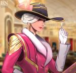  1girl absurdres ace_of_spades ashe_(overwatch) bbuni blurry blurry_background card earrings fur_trim gloves hat hat_ornament highres holding holding_card jewelry lipstick long_sleeves looking_at_viewer makeup mole_above_mouth overwatch red_eyes short_hair solo upper_body watermark white_gloves white_hair 