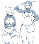  2girls ahoge artoria_pendragon_(all) baseball_cap bikini black_bikini black_choker black_gloves black_jacket blue_jacket breasts choker cleavage commentary_request cropped_jacket fate/grand_order fate_(series) gloves hair_through_headwear hat highres jacket jeanne_d&#039;arc_(alter_swimsuit_berserker) jeanne_d&#039;arc_(fate)_(all) large_breasts long_hair monochrome multiple_girls mysterious_heroine_xx_(foreigner) navel nia_i o-ring o-ring_bikini o-ring_bottom o-ring_top red_legwear shrug_(clothing) side-tie_bikini single_thighhigh swimsuit thigh_strap thighhighs very_long_hair white_bikini white_hair wristband yellow_eyes zipper_pull_tab 