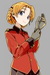  1girl aokaze_(mimi_no_uchi) bangs black_ribbon black_skirt blue_eyes braid closed_mouth commentary epaulettes girls_und_panzer glove_pull gloves grey_background grey_gloves hair_ribbon jacket long_sleeves looking_at_viewer military military_uniform orange_hair orange_pekoe parted_bangs pleated_skirt red_jacket ribbon short_hair simple_background skirt smile solo st._gloriana&#039;s_military_uniform standing tied_hair twin_braids uniform 