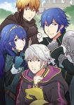  1boy 3boys ? ameno_(a_meno0) armor bandana black_cape black_eyes black_gloves blue_eyes blue_gloves blue_hair book cape castle chrom_(fire_emblem) cloak closed_mouth collarbone commentary_request eyebrows_visible_through_hair fingerless_gloves fire_emblem fire_emblem_awakening gaius_(fire_emblem) gloves hair_between_eyes headband holding holding_book hood hood_down hooded_cloak long_hair looking_at_another looking_at_viewer lucina_(fire_emblem) multiple_boys open_mouth orange_eyes orange_hair parted_lips robin_(fire_emblem) robin_(fire_emblem)_(male) short_hair shoulder_armor sweatdrop tiara tree white_cape white_hair 