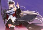  1girl absurdres akasaai azur_lane bangs bare_shoulders black_neckwear black_skirt blush bow_(weapon) breasts coat compound_bow enterprise_(azur_lane) eyebrows_visible_through_hair flight_deck hand_up hat highres holding holding_bow_(weapon) holding_weapon large_breasts long_hair looking_at_viewer necktie off_shoulder outdoors peaked_cap purple_eyes rigging shirt silver_hair skirt sleeveless sleeveless_shirt smile solo thighhighs very_long_hair weapon white_shirt 